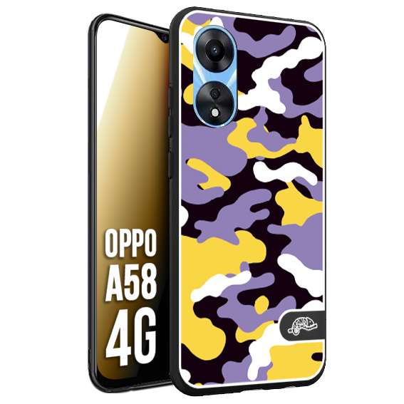 CUSTOMIZZA - Custodia cover nera morbida in tpu compatibile per Oppo A58 4G camouflage mimetico militare viola lilla giallo