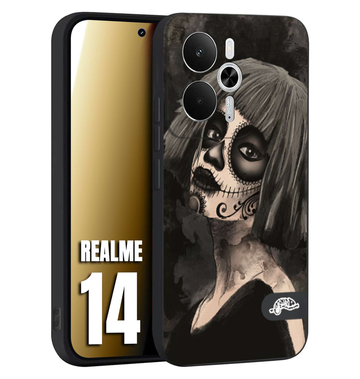 CUSTOMIZZA - Custodia cover nera morbida in tpu compatibile per Realme 14 5G chicana messicana dea de la muerte donna santa tattoo disegnata