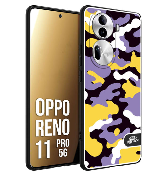 CUSTOMIZZA - Custodia cover nera morbida in tpu compatibile per Oppo Reno 11 PRO 5G camouflage mimetico militare viola lilla giallo