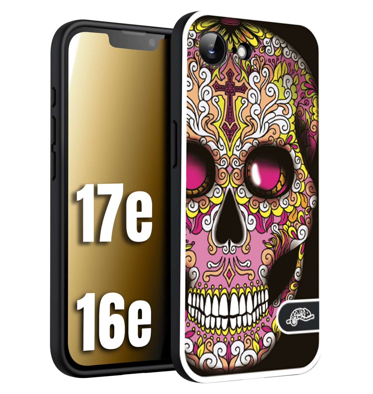 CUSTOMIZZA - Custodia cover nera morbida in tpu compatibile per iPhone 16E - 17E teschio messicano Mexican skull rosa gialla