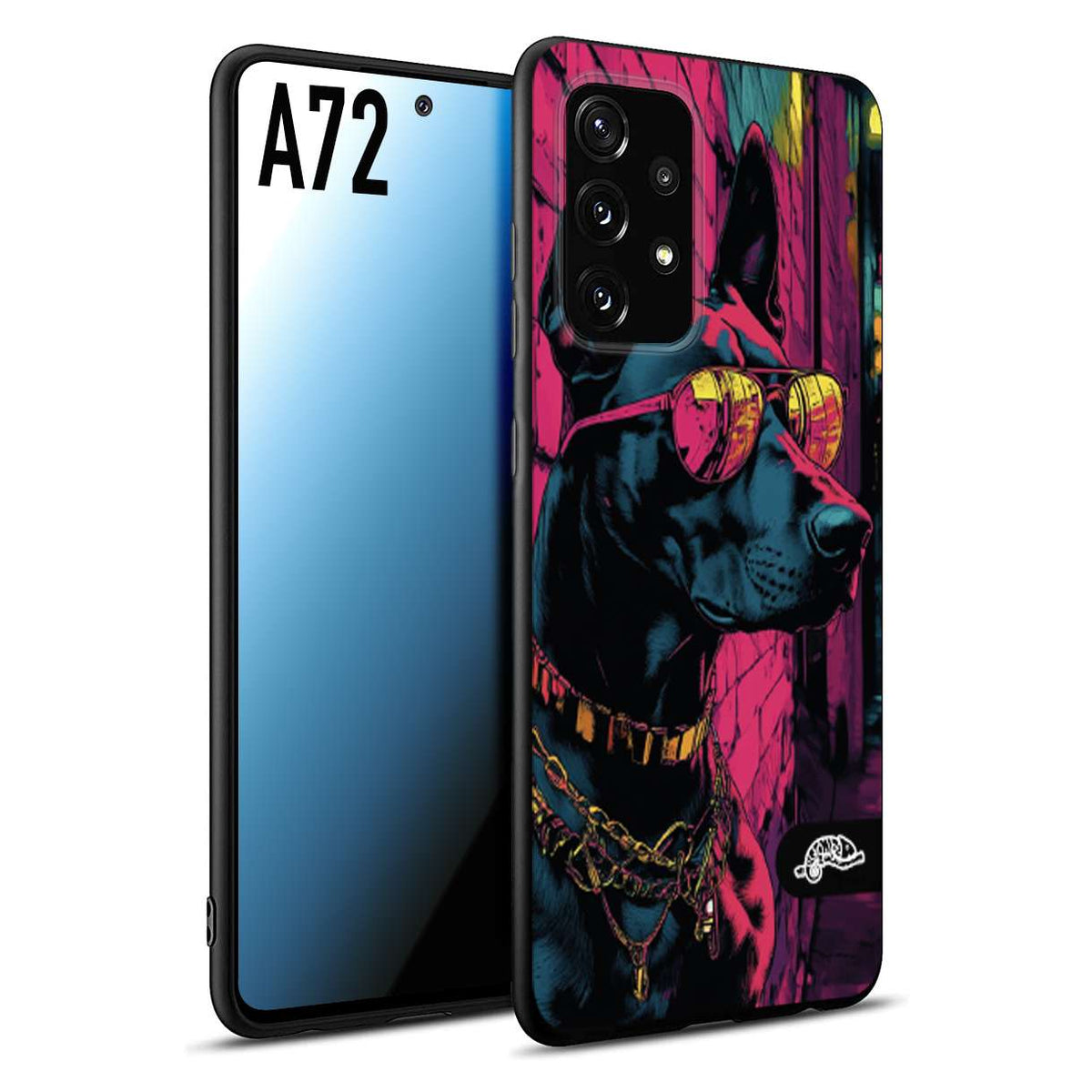 CUSTOMIZZA - Custodia cover nera morbida in tpu compatibile per Samsung A72 animali cyberpunk dobermann cane street dog fucsia blu