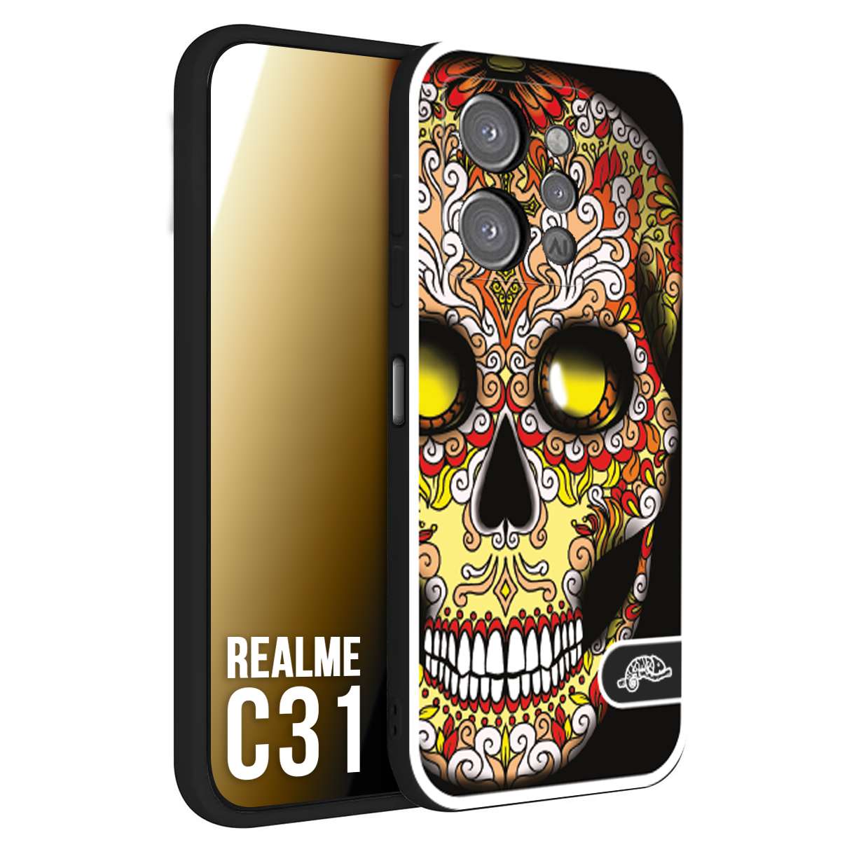 CUSTOMIZZA - Custodia cover nera morbida in tpu compatibile per Oppo Realme C31 teschio messicano Mexican skull giallo rosso arancio