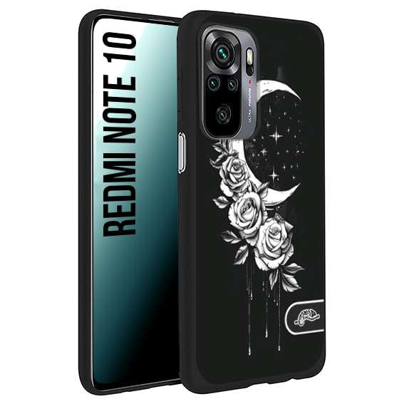 CUSTOMIZZA - Custodia cover nera morbida in tpu compatibile per Xiaomi Redmi Note 10 luna e fiori moon flowers black and white bianco a rilievo disegnato tattoo tatuaggio