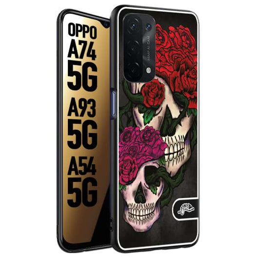 CUSTOMIZZA - Custodia cover nera morbida in tpu compatibile per Oppo A74 5G - A93 5G - A54 5G teschi e rose rosse fucsia skull and roses