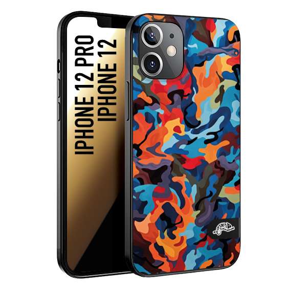 CUSTOMIZZA - Custodia cover nera morbida in tpu compatibile per iPhone 12 - 12 PRO camouflage mimetico militare moderno blu arancio rosso