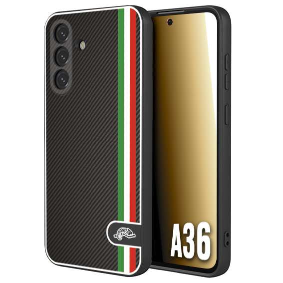 CUSTOMIZZA - Custodia cover nera morbida in tpu compatibile per Samsung A36 effetto fibra di carbonio bandiera Italia made in Italy