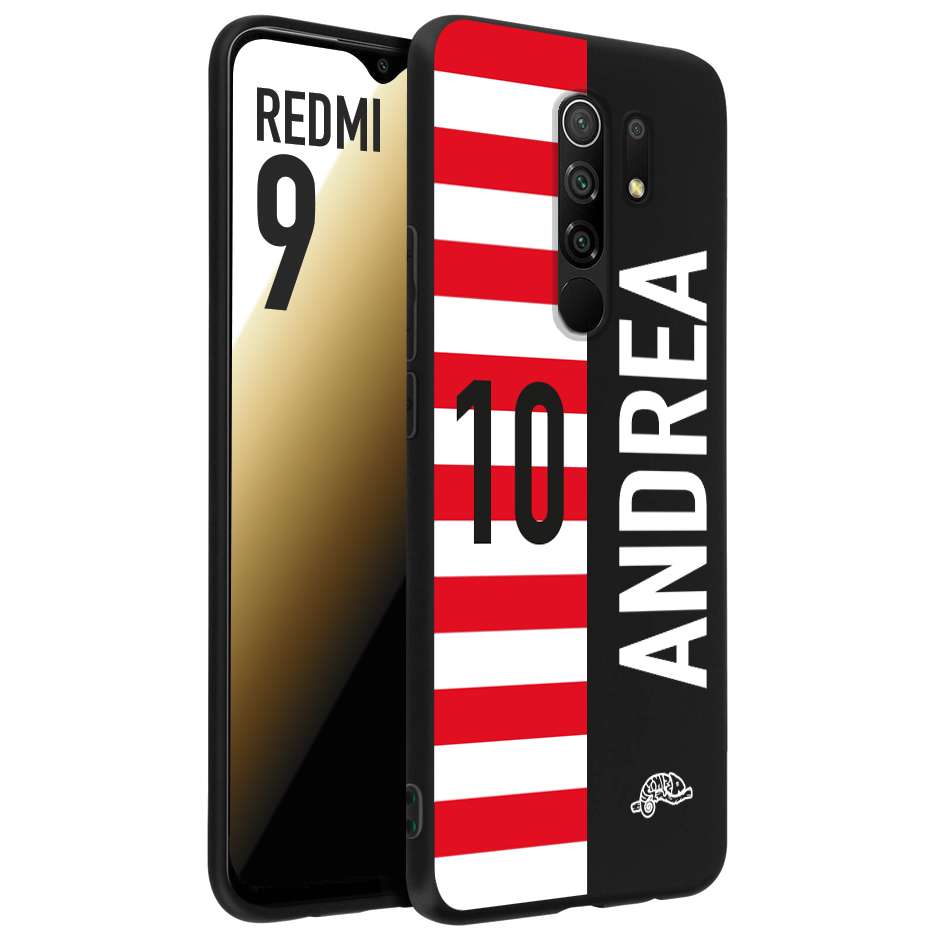 CUSTOMIZZA - Custodia cover nera morbida in tpu compatibile per Xiaomi Redmi 9 personalizzata calcio football nome e numero calciatori bianco rossa