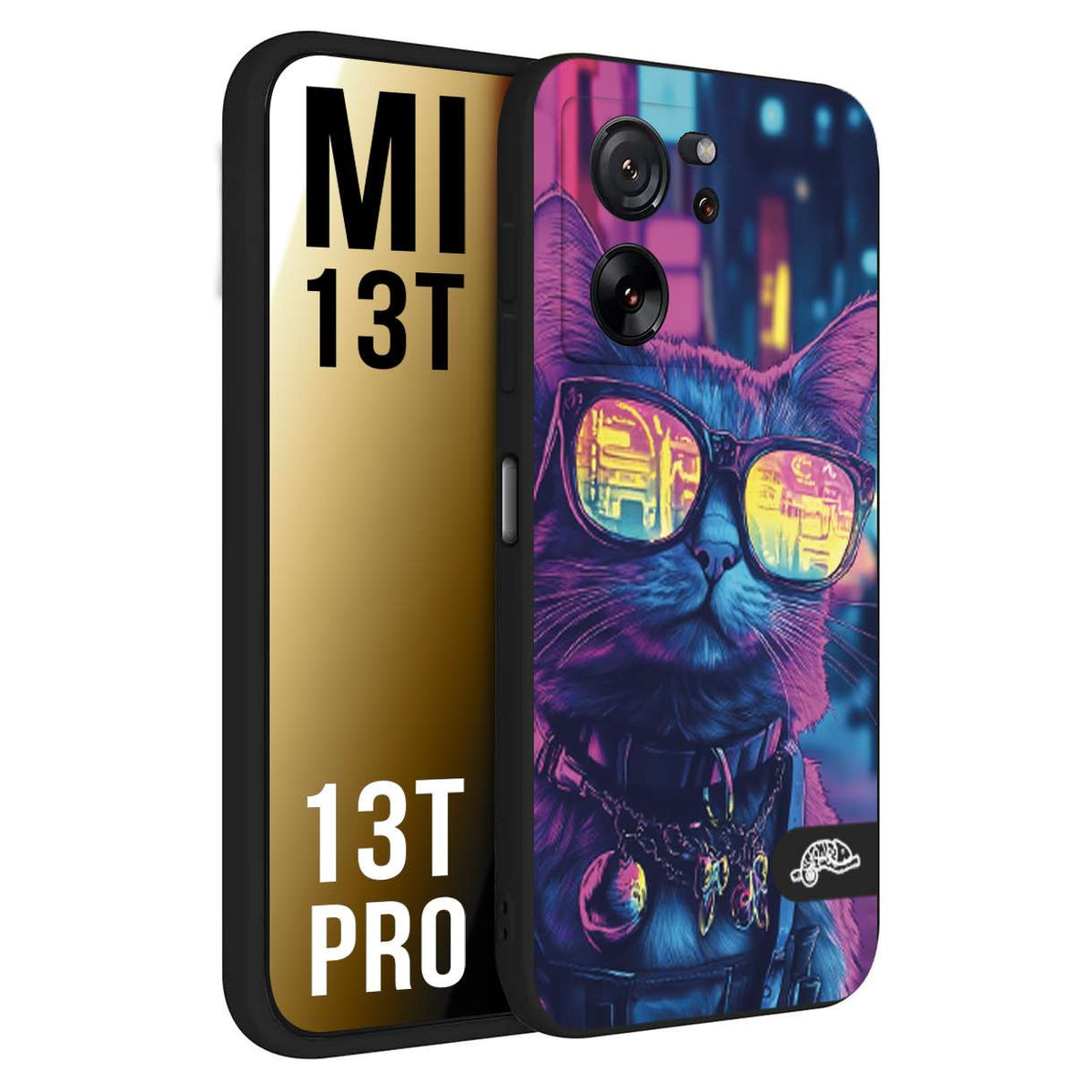 CUSTOMIZZA - Custodia cover nera morbida in tpu compatibile per Xiaomi 13T - 13T PRO animali cyberpunk gatto street cat fucsia blu giallo