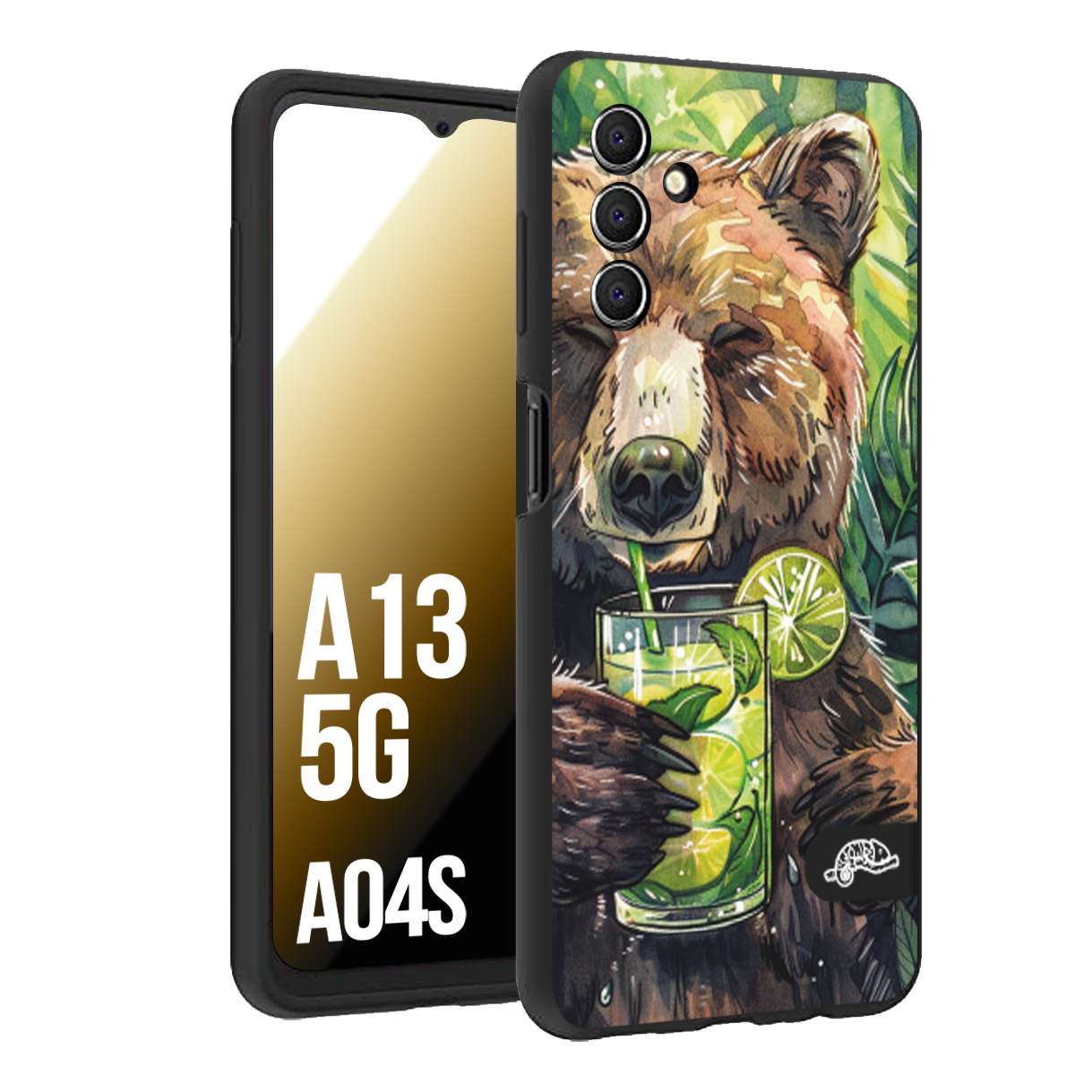 CUSTOMIZZA - Custodia cover nera morbida in tpu compatibile per Samsung A04S - A13 5G estate disegnata cocktails animali simpatici orso bear negroni