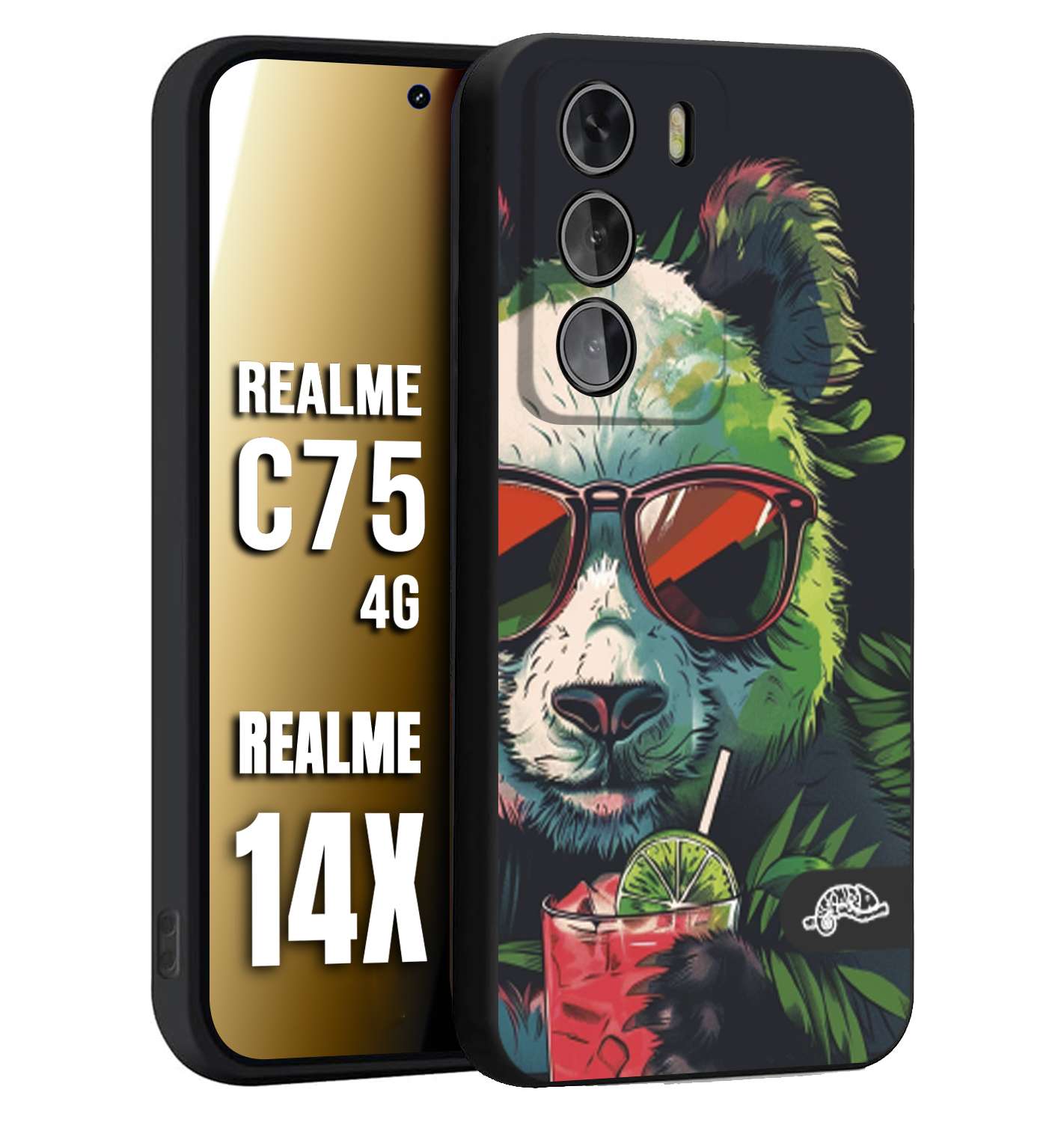 CUSTOMIZZA - Custodia cover nera morbida in tpu compatibile per Realme 14X - C75 4G estate disegnata cocktails animali simpatici panda mojito