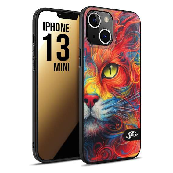 CUSTOMIZZA - Custodia cover nera morbida in tpu compatibile per iPhone 13 MINI animali color cat gatto viso colori vibranti disegnato schizzo