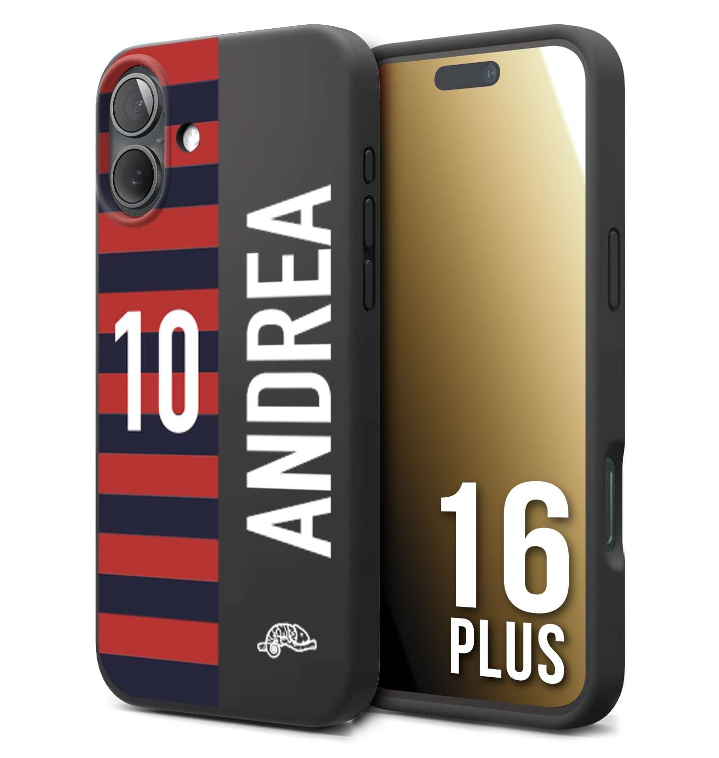 CUSTOMIZZA - Custodia cover nera morbida in tpu compatibile per iPhone 16 PLUS personalizzata calcio football nome e numero calciatori rossoblu