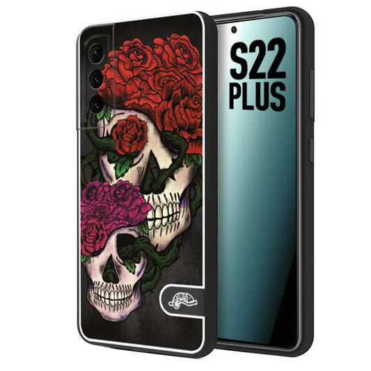 CUSTOMIZZA - Custodia cover nera morbida in tpu compatibile per Samsung S22 PLUS teschi e rose rosse fucsia skull and roses