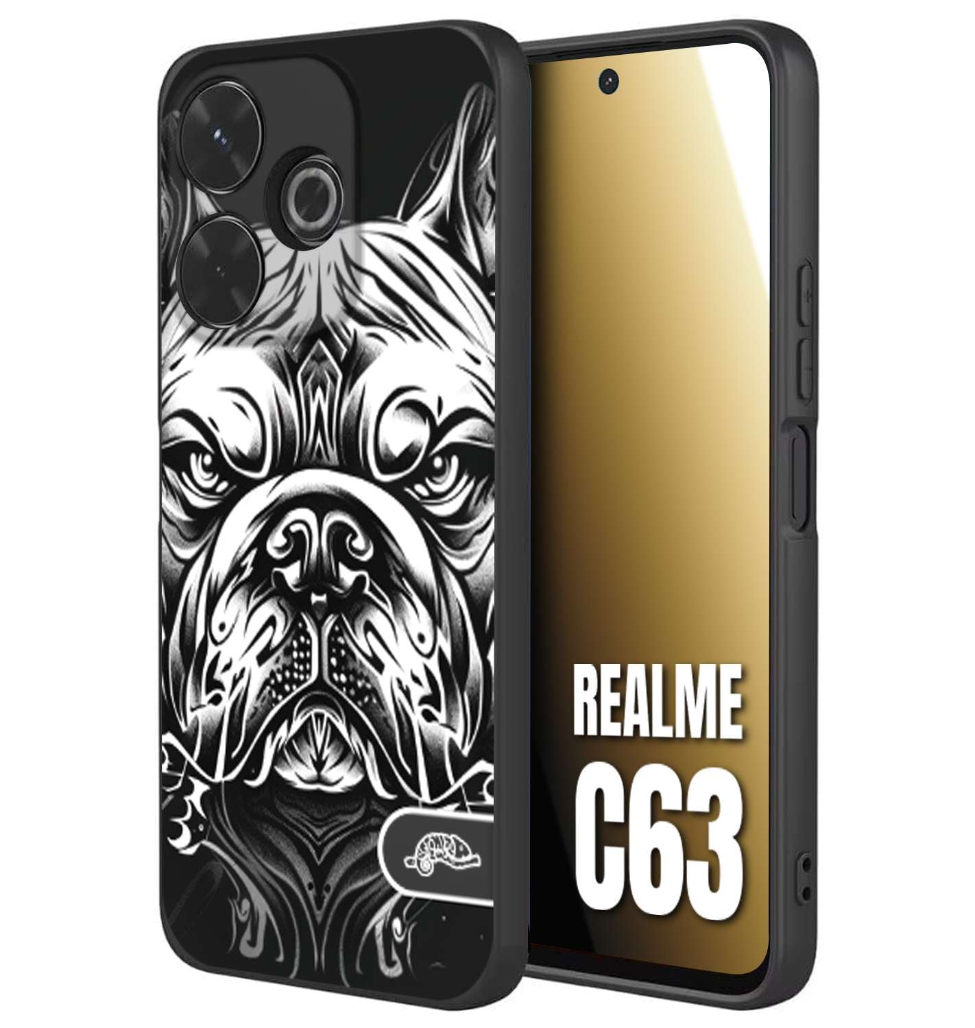 CUSTOMIZZA - Custodia cover nera morbida in tpu compatibile per Realme C63 bulldog bianco a rilievo disegnato tattoo tatuaggio