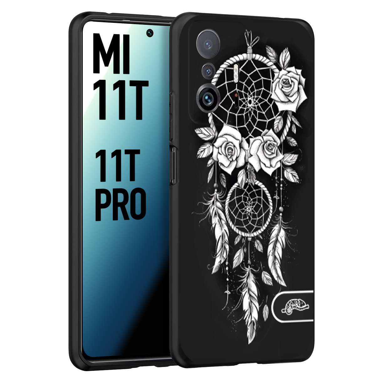 CUSTOMIZZA - Custodia cover nera morbida in tpu compatibile per Xiaomi Mi 11T - Mi 11T PRO acchiappasogni dreamcatcher black and white bianco a rilievo disegnato tattoo tatuaggio