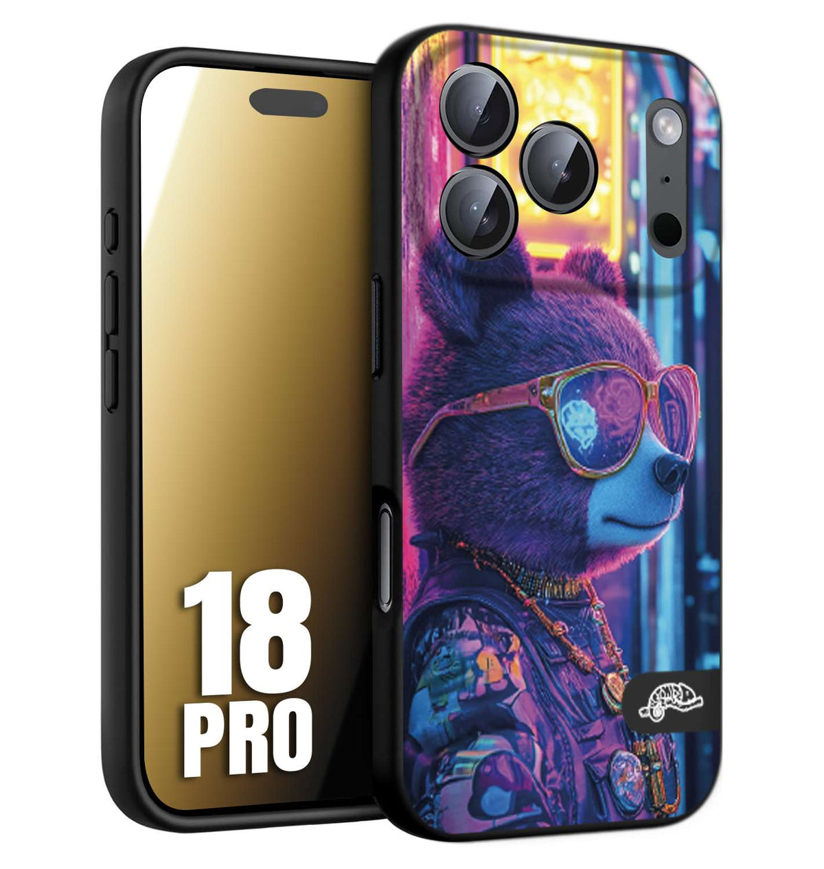 CUSTOMIZZA - Custodia cover nera morbida in tpu compatibile per iPhone 18 PRO animali cyberpunk orsetto orso street bear fucsia blu night