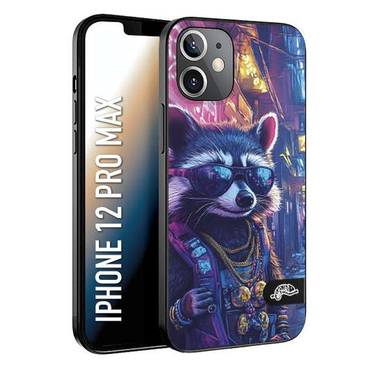 CUSTOMIZZA - Custodia cover nera morbida in tpu compatibile per iPhone 12 PRO MAX animali simpatici cyberpunk procione racoon street cat fucsia blu giallo