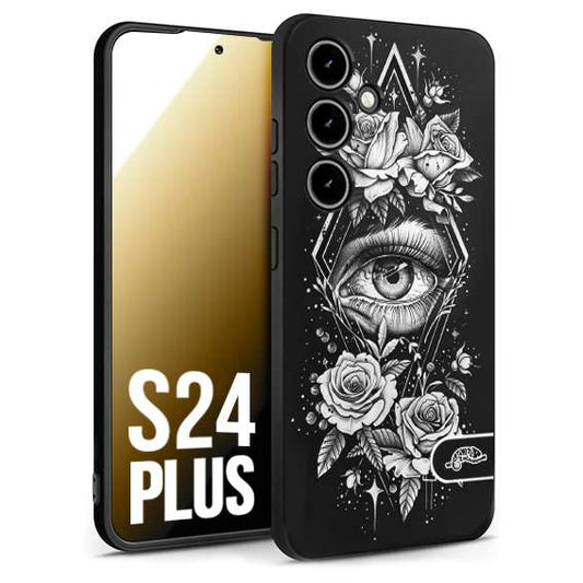 CUSTOMIZZA - Custodia cover nera morbida in tpu compatibile per Samsung S24 PLUS occhio fiori rombo geometrico black and white bianco a rilievo disegnato tattoo tatuaggio