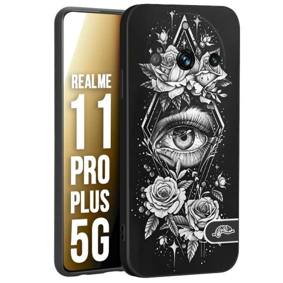 CUSTOMIZZA - Custodia cover nera morbida in tpu compatibile per Oppo Realme 11 PRO PLUS 5G occhio fiori rombo geometrico black and white bianco a rilievo disegnato tattoo tatuaggio