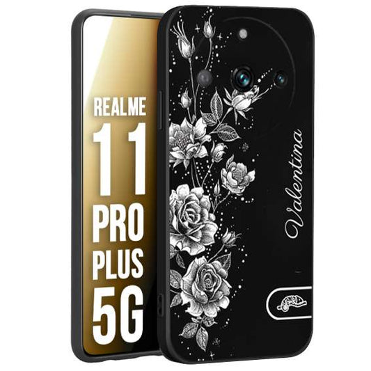 CUSTOMIZZA - Custodia cover nera morbida in tpu compatibile per Oppo Realme 11 PRO PLUS 5G a rilievo soft touch personalizzata nome rose fiori donna