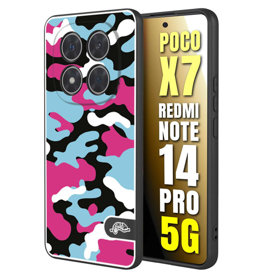 CUSTOMIZZA - Custodia cover nera morbida in tpu compatibile per Xiaomi Redmi Note 14 PRO 5G camouflage mimetico militare fucsia celeste