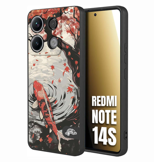 CUSTOMIZZA - Custodia cover nera morbida in tpu compatibile per Xiaomi Redmi Note 14S giapponese lago carpa koi rossa con foglie d'acero rosso disegnata tattoo
