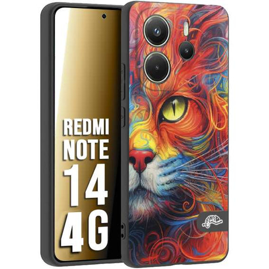 CUSTOMIZZA - Custodia cover nera morbida in tpu compatibile per Xiaomi Redmi Note 14 4G animali color cat gatto viso colori vibranti disegnato schizzo