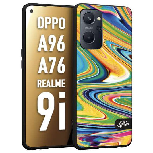 CUSTOMIZZA - Custodia cover nera morbida in tpu compatibile per Realme 9i - A96 - A76 colorata fantasia vortice marmo arcobaleno gialla verde blu