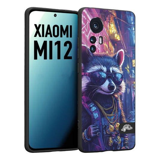 CUSTOMIZZA - Custodia cover nera morbida in tpu compatibile per Xiaomi 12 5G animali simpatici cyberpunk procione racoon street cat fucsia blu giallo