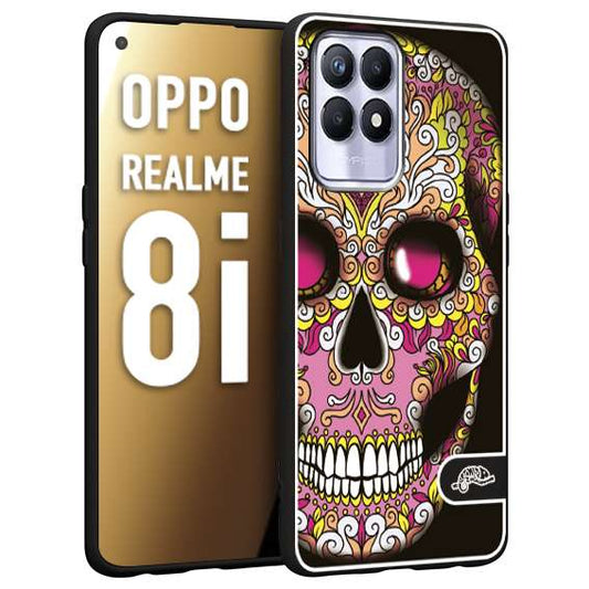 CUSTOMIZZA - Custodia cover nera morbida in tpu compatibile per Realme 8i teschio messicano Mexican skull rosa gialla