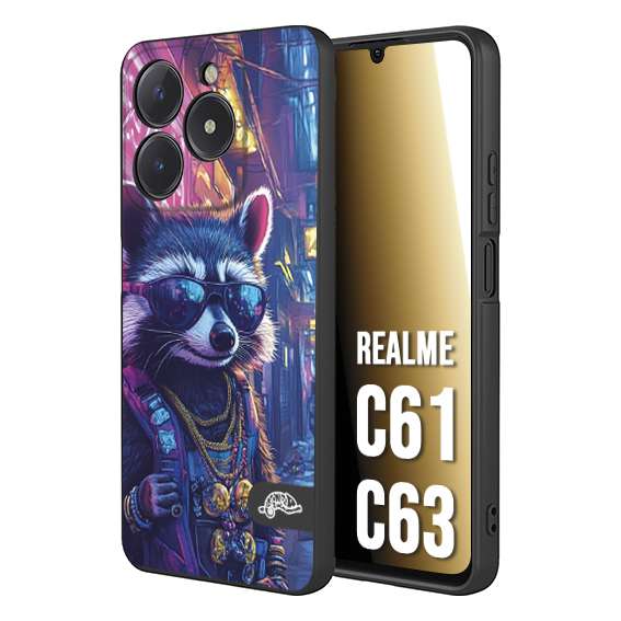 CUSTOMIZZA - Custodia cover nera morbida in tpu compatibile per Realme C61 - C63 animali simpatici cyberpunk procione racoon street cat fucsia blu giallo