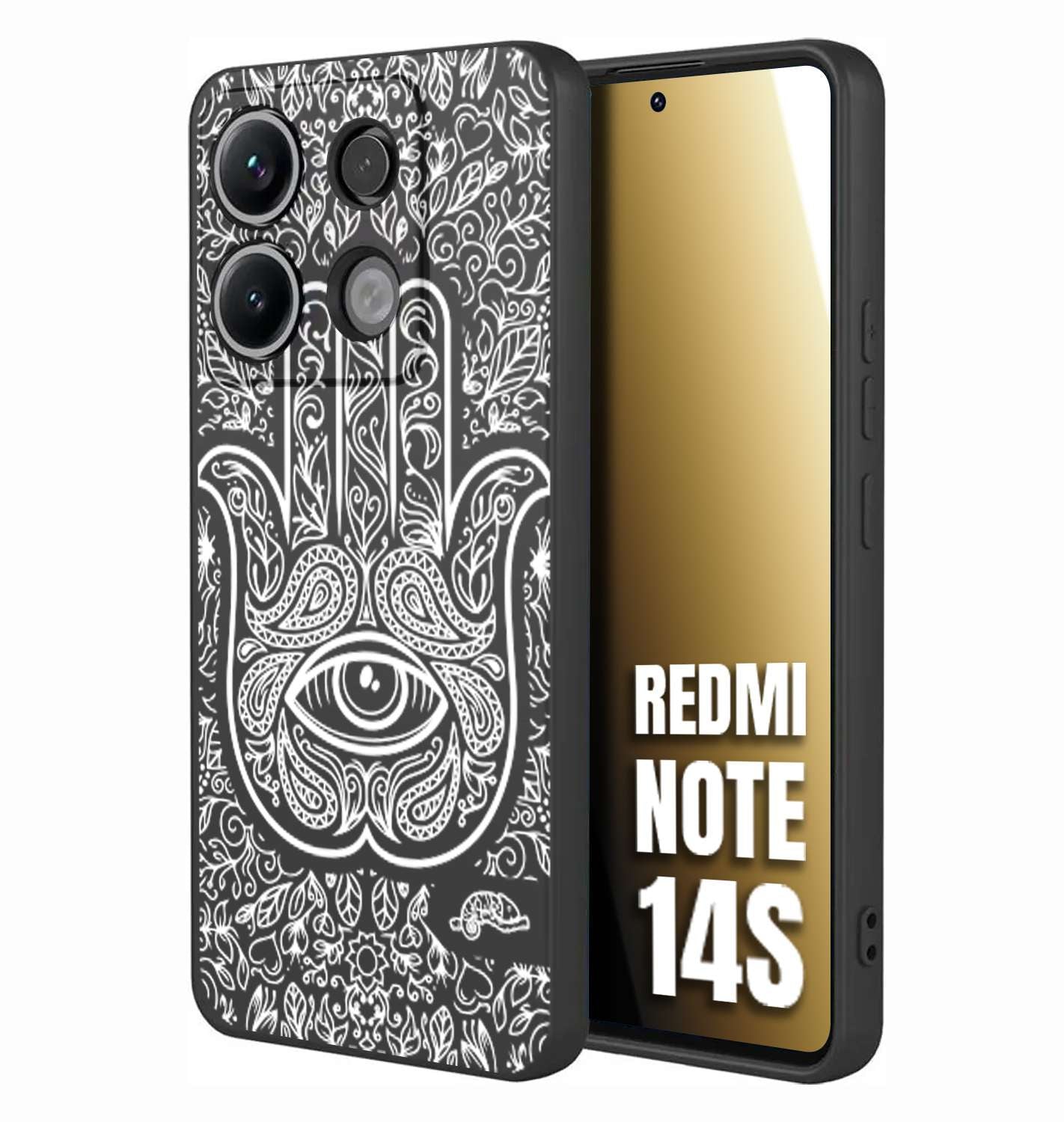 CUSTOMIZZA - Custodia cover nera morbida in tpu compatibile per Xiaomi Redmi Note 14S mano di fatima effetto rilievo mandala donna
