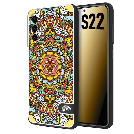 CUSTOMIZZA - Custodia cover nera morbida in tpu compatibile per Samsung S22 mandala colorato fiore nuvole arancione