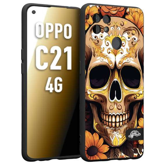 CUSTOMIZZA - Custodia cover nera morbida in tpu compatibile per Realme C21 4G teschio messicano colorato dorato fiori tattoo disegnato