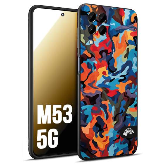 CUSTOMIZZA - Custodia cover nera morbida in tpu compatibile per Samsung M53 5G camouflage mimetico militare moderno blu arancio rosso