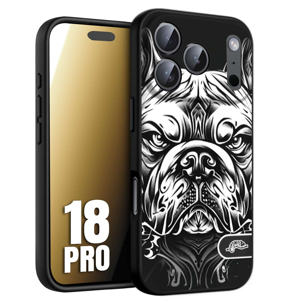 CUSTOMIZZA - Custodia cover nera morbida in tpu compatibile per iPhone 18 PRO bulldog bianco a rilievo disegnato tattoo tatuaggio
