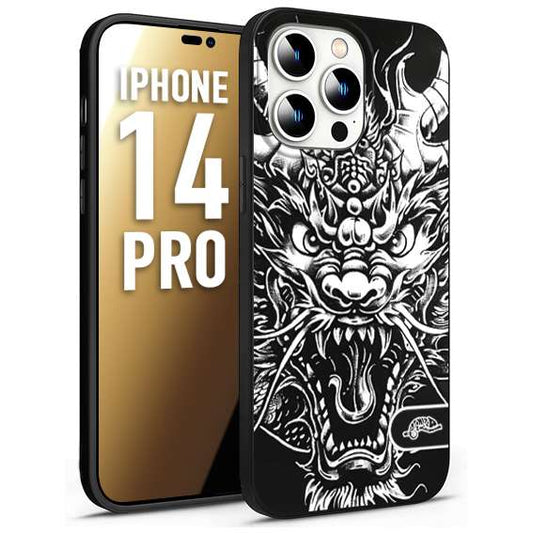 CUSTOMIZZA - Custodia cover nera morbida in tpu compatibile per iPhone 14 PRO drago black and white bianco a rilievo disegnato tattoo tatuaggio