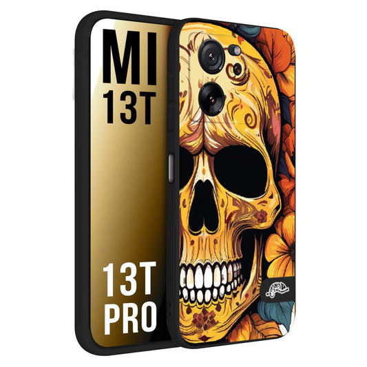 CUSTOMIZZA - Custodia cover nera morbida in tpu compatibile per Xiaomi 13T - 13T PRO teschio messicano colorato dorato fiori autunnali disegnato