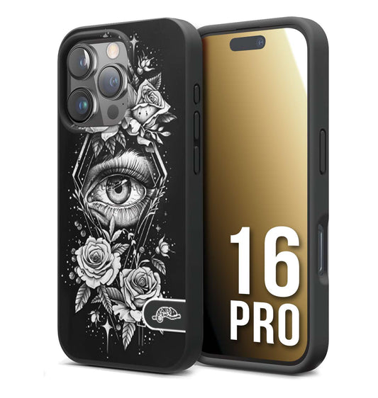 CUSTOMIZZA - Custodia cover nera morbida in tpu compatibile per iPhone 16 PRO occhio fiori rombo geometrico black and white bianco a rilievo disegnato tattoo tatuaggio