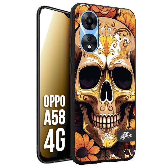 CUSTOMIZZA - Custodia cover nera morbida in tpu compatibile per Oppo A58 4G teschio messicano colorato dorato fiori tattoo disegnato