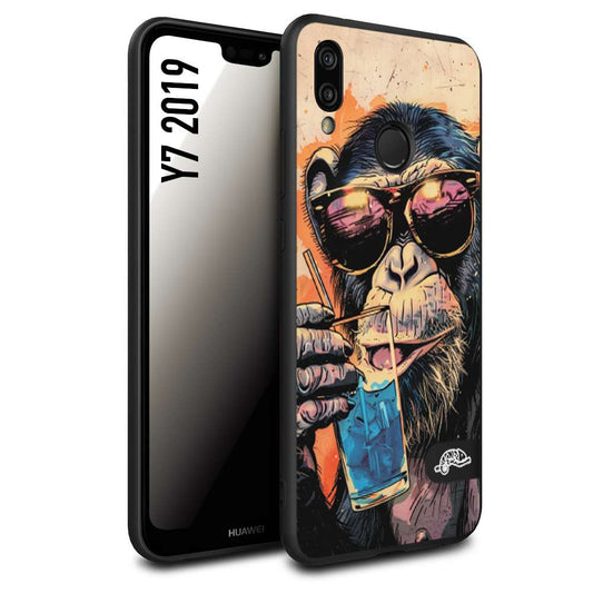 CUSTOMIZZA - Custodia cover nera morbida in tpu compatibile per Huawei Y7 2019 estate disegnata cocktails animali simpatici scimmia monkey negroni