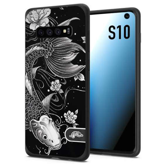 CUSTOMIZZA - Custodia cover nera morbida in tpu compatibile per Samsung S10 carpa koi black and white bianco a rilievo disegnato tattoo tatuaggio