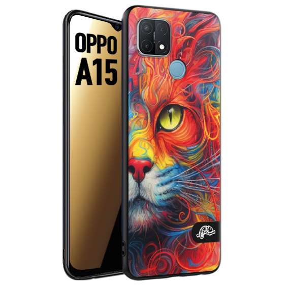 CUSTOMIZZA - Custodia cover nera morbida in tpu compatibile per Oppo A15 animali color cat gatto viso colori vibranti disegnato schizzo