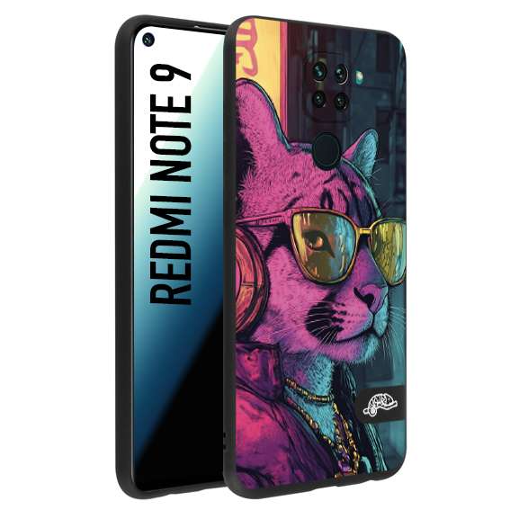 CUSTOMIZZA - Custodia cover nera morbida in tpu compatibile per Xiaomi Redmi Note 9 animali cyberpunk pantera street cat fucsia blu giallo