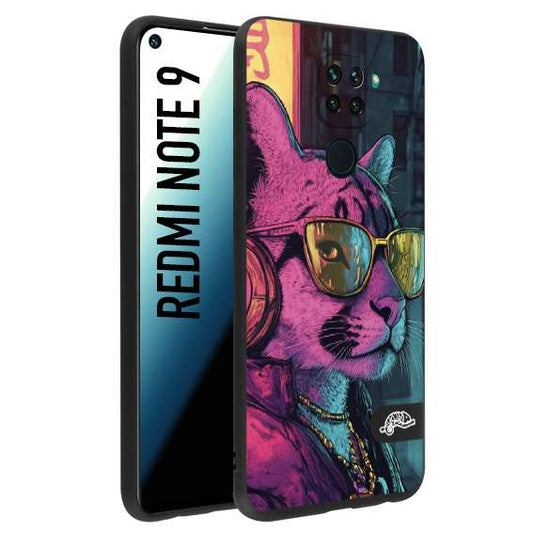 CUSTOMIZZA - Custodia cover nera morbida in tpu compatibile per Xiaomi Redmi Note 9 animali cyberpunk pantera street cat fucsia blu giallo