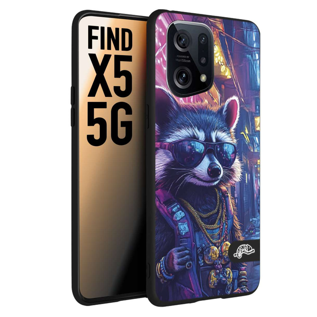 CUSTOMIZZA - Custodia cover nera morbida in tpu compatibile per Oppo Find X5 animali simpatici cyberpunk procione racoon street cat fucsia blu giallo