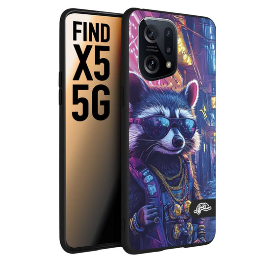CUSTOMIZZA - Custodia cover nera morbida in tpu compatibile per Oppo Find X5 animali simpatici cyberpunk procione racoon street cat fucsia blu giallo