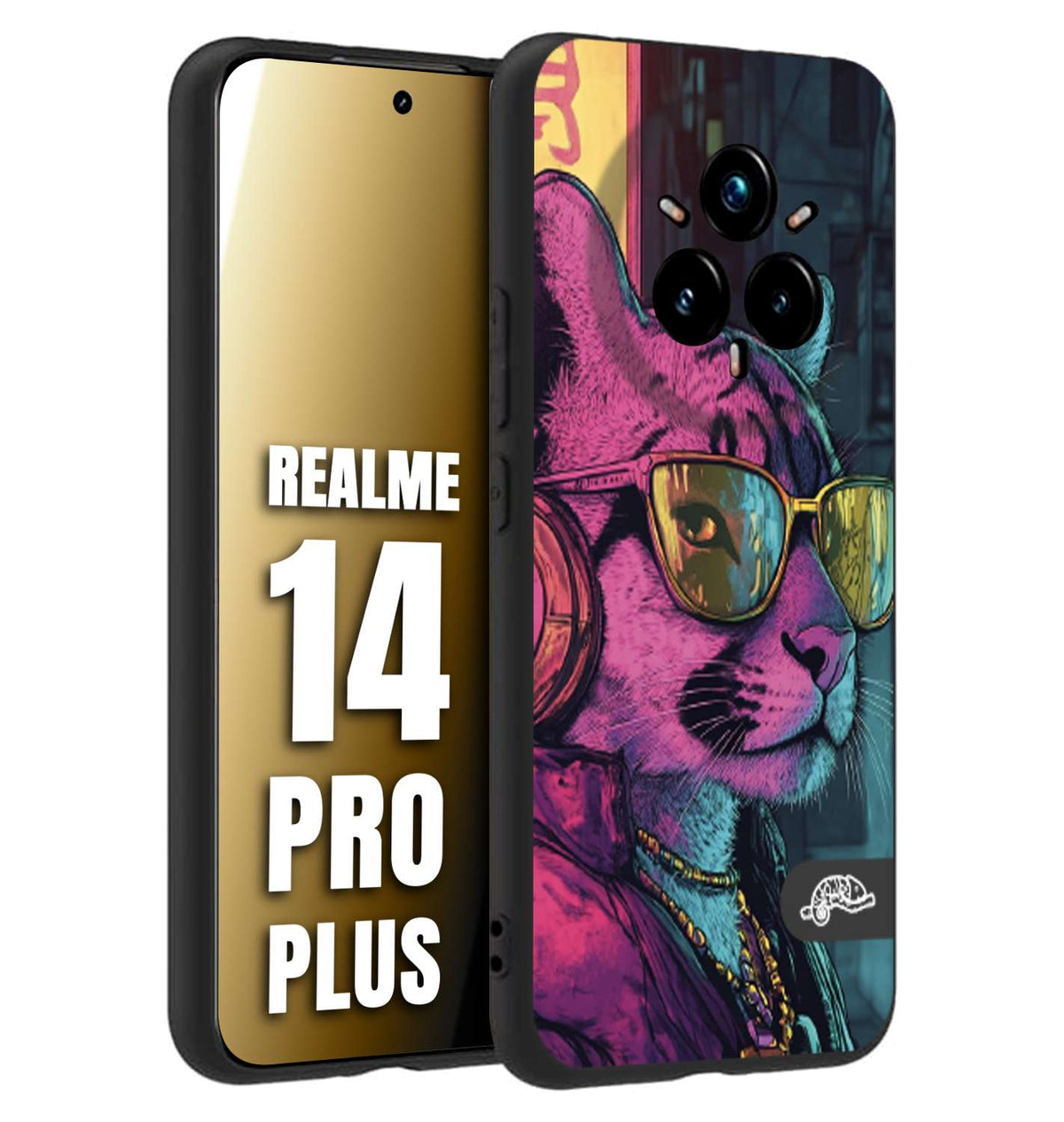 CUSTOMIZZA - Custodia cover nera morbida in tpu compatibile per Realme 14 PRO PLUS animali cyberpunk pantera street cat fucsia blu giallo
