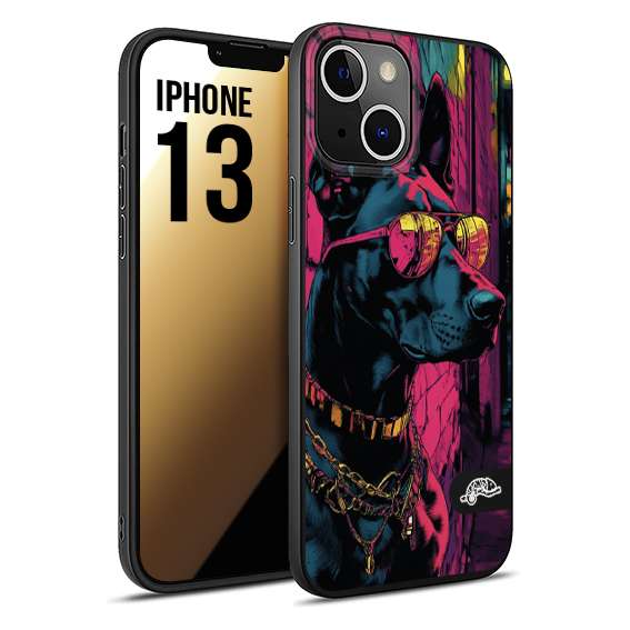 CUSTOMIZZA - Custodia cover nera morbida in tpu compatibile per iPhone 13 animali cyberpunk dobermann cane street dog fucsia blu