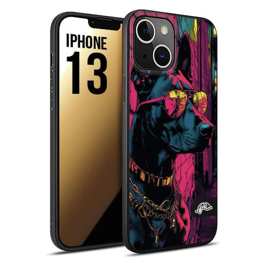 CUSTOMIZZA - Custodia cover nera morbida in tpu compatibile per iPhone 13 animali cyberpunk dobermann cane street dog fucsia blu